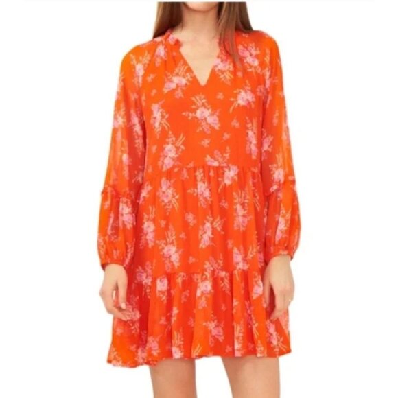 Vince Camuto Orange Floral Tiered Boho Peasant Chiffon Dress Size XXL 2X 20 Plus - Picture 1 of 9